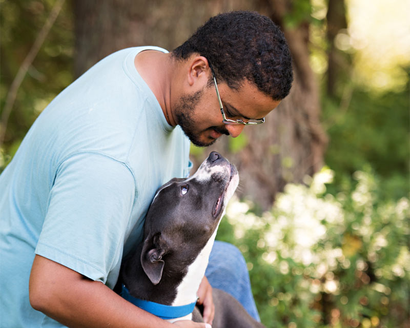 Black and white pittie type dog looking up at a man wearing a blue shirt. There's trees and greenery in the background.
