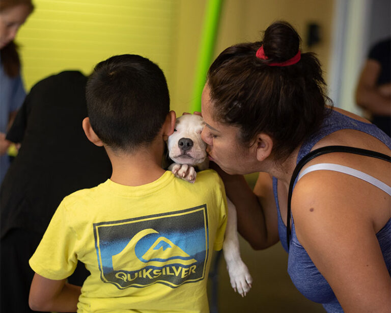 Boy holding a puppy and a woman kissing the puppy