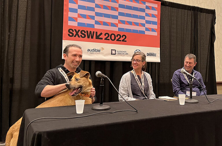 Dr. Ellen Jefferson sits at table for a panel discussion with Fi at SXSW