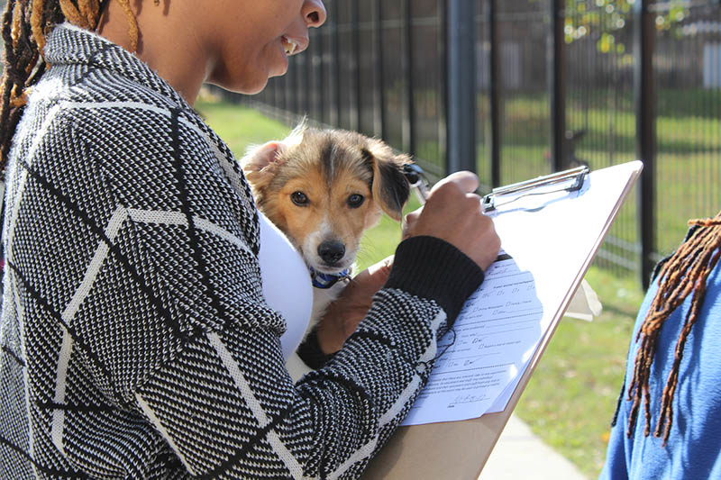 black woman signing paperwork holding small puppy