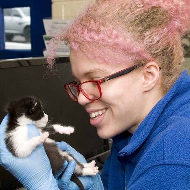 young woman with pink hair holding neonatal kitten