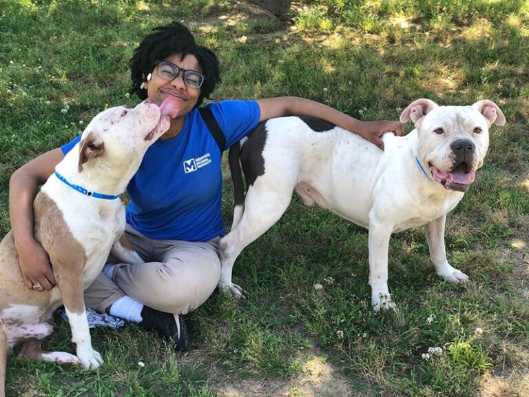 Staff member with two dogs, one is licking her face.