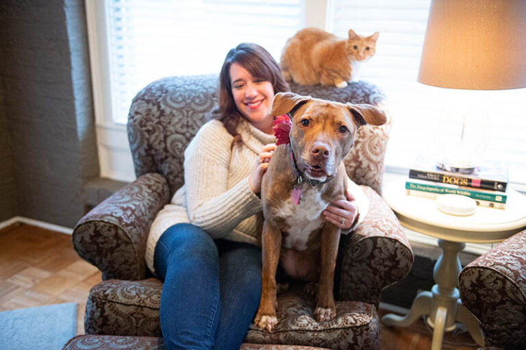 The Problem with Pit Bulls - Pit bull type dog sitting on chair with a woman, cat sitting on chair behind.