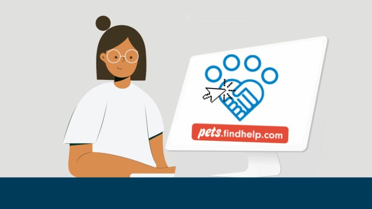 cartoon woman sitting in front of a laptop clicking on pets.findhelp | With pets.findhelp.com, Pet Support Is Just A Click Away!