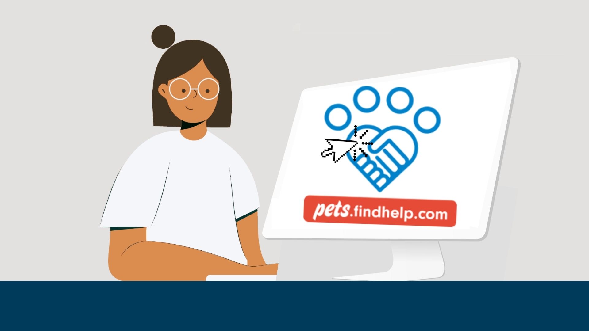 cartoon woman sitting in front of a laptop clicking on pets.findhelp | Find Free and Low-Cost Pet Support in Your Community with pets.findhelp.com