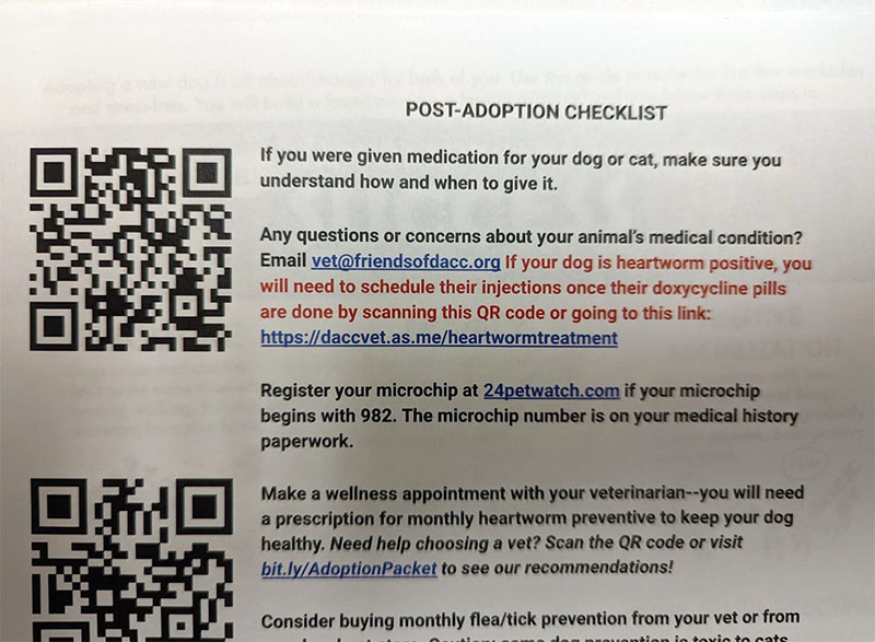 Post-adoption checklist with QR code to make a vet appointment - 10 Ways Shelters and Rescues Can Use QR Codes Today
