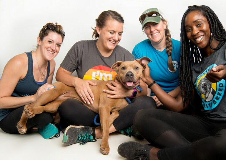 shelter workers hugging pit bull dog on white backdrop