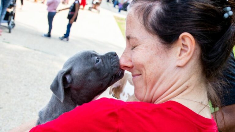 Woman wearing a red shirt, holding a small puppy | Building a Positive Workplace Culture—Why It Matters and How To Do It